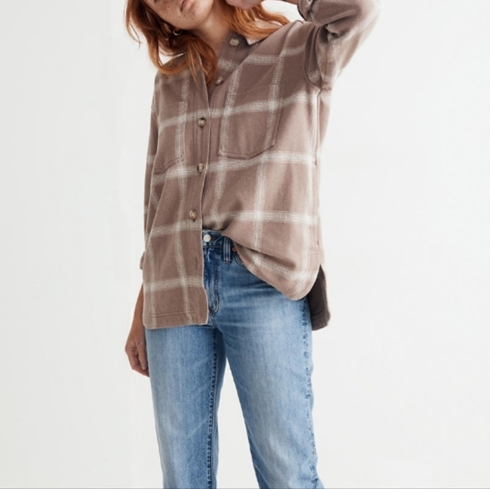 Madewell Kentwood Shirt Jacket Shacket Windowpane Flannel Tan Cream M